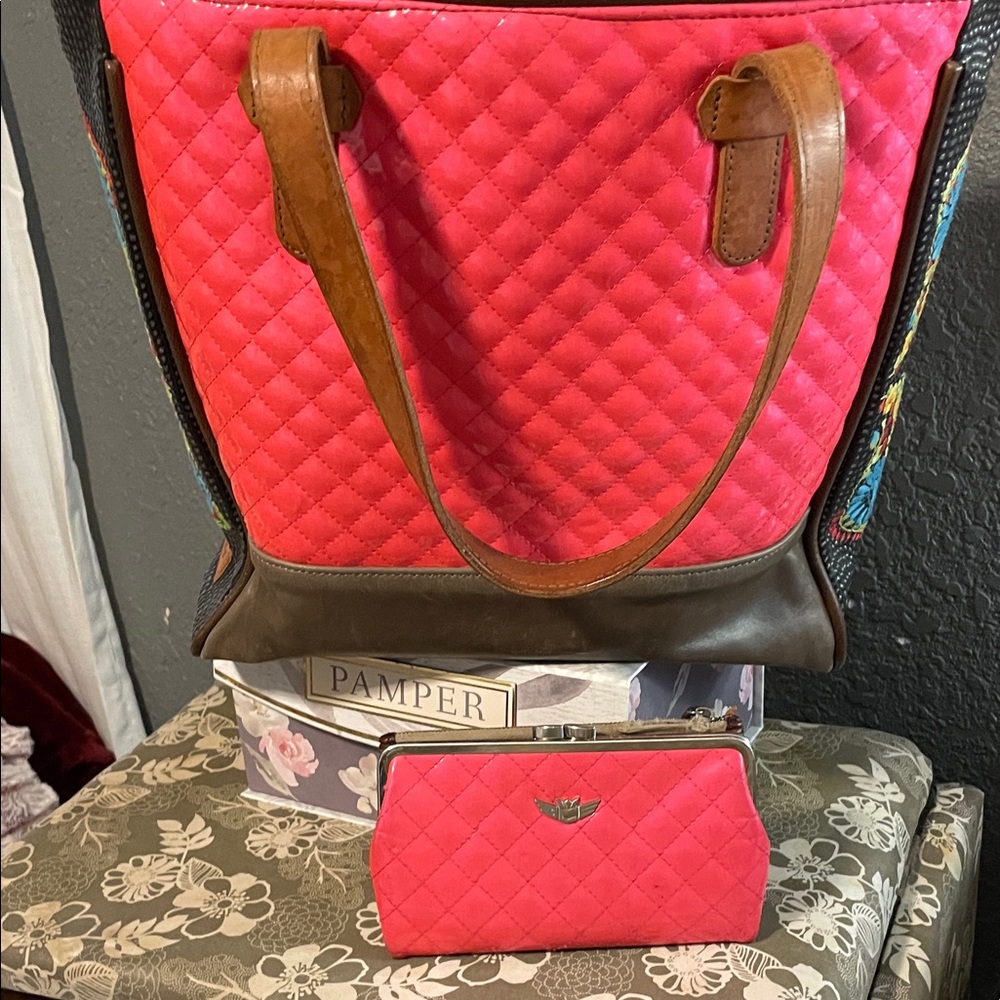 Chic Quilted Pink and Brown Tote Bag with Wallet